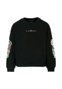 Felpa nera con design floreali ricamati sulle maniche, polsini a costine e scollo tondo. Logo stampato sul petto.