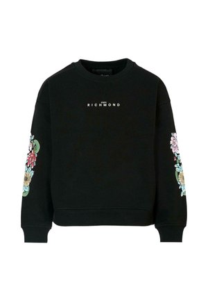 Sweatshirt noir avec des motifs floraux brodés sur les manches, des poignets côtelés et un col ras du cou. Logo imprimé sur la poitrine.