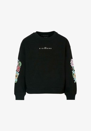 Felpa nera con design floreali ricamati sulle maniche, polsini a costine e scollo tondo. Logo stampato sul petto.