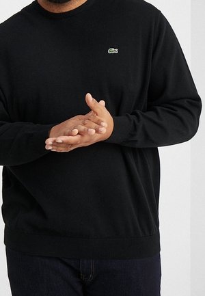 Homme portant un pull Lacoste noir, les mains croisées, sur un fond blanc uni.