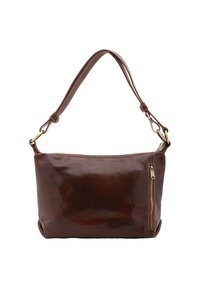 Sacoche en cuir marron avec une finition lisse, poche zippée et sangle réglable. Doté d'accents en métal doré.
