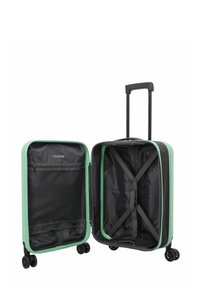 Offene mintgrüne Hartschalenkoffer mit schwarzem Innenraum, verstellbarem Teleskopgriff, vier Spinner-Rädern, netzartiger Reißverschlusstasche und Innenraumgurten.