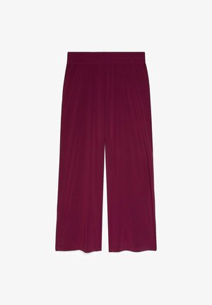 Pantalones de pierna ancha en burdeos oscuro con cintura elástica, hechos de tela suave y fluida, mostrados planos sobre fondo blanco.