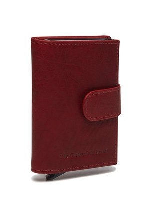 Rote Lederbörse mit glatter Textur, abgerundeten Kanten und einem frontseitigen Druckverschluss. Mit eingeprägtem Branding an der Unterseite.