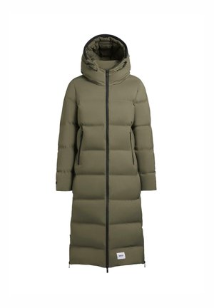 Langer, olivgrüner Daunenmantel mit hohem Kragen und Kapuze, ausgestattet mit einem Frontreißverschluss, zwei seitlichen Taschen und einer geraden Silhouette.