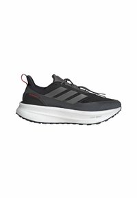 Black athletic shoe with grey accents, textured mesh upper, thick white midsole labeled "LIGHTBOOST," and rubber outsole.