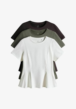 Drei kurzärmelige Rundhals-Oberteile, geschichtet in Weiß, Olivgrün und Schwarz, vor weißem Hintergrund dargestellt.