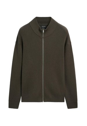 Dark olive ribbed knit zip-up sweater with long sleeves and a stand collar, displayed against a white background.