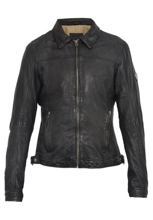 Zwarte leren jas met een ritssluiting aan de voorkant, staande kraag, zijzakken en decoratieve stiksels op de schouders en mouwen.