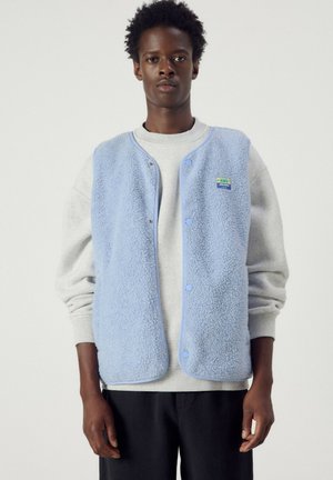 Uomo che indossa un gilet in pile azzurro chiaro con bottoni sopra una felpa grigia e pantaloni neri, in piedi davanti a uno sfondo chiaro e uniforme.