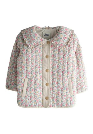 Jachetă matlasată pentru copii mici cu imprimeu floral, guler cu volănașe, fliere bej cu nasturi și buzunare laterale, mărimea 18-24 luni.