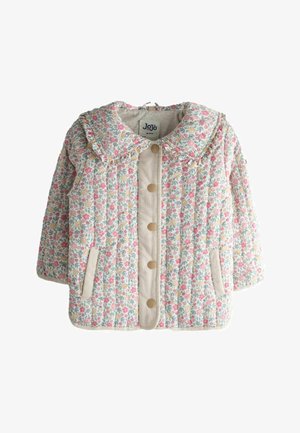 Giacca imbottita floreale per bambino con colletto arricciato, patta beige con bottoni e tasche laterali, taglia 18-24 mesi.