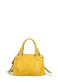 Borsa a tracolla gialla in suede con superficie testurizzata, manici rotondi resistenti, elementi in metallo e nappine decorative sui lati.