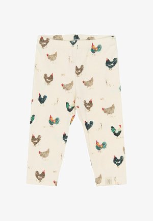 Biele legíny s opakujúcim sa vzorom kurčiat v rôznych farbách. Vyrobené z mäkkého materiálu s priliehavým strihom a elastickým pásom.