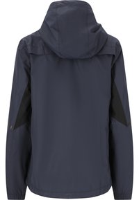 Marineblauwe jas met capuchon, met zwarte accenten aan de zijkanten en schouders. soepele textuur, licht ontwerp en lange mouwen.