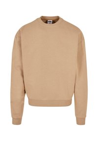 Beige Sweatshirt aus weichem Stoff mit Rundhalsausschnitt, langen Ärmeln, gerippten Bündchen und geradem Saum. Glatte Textur und schlichtes Design.