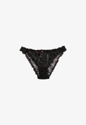 Bragas de bikini para mujer de encaje negro con patrones florales y una pequeña decoración de rosa rosa en el centro de la cinturilla, sobre un fondo blanco.