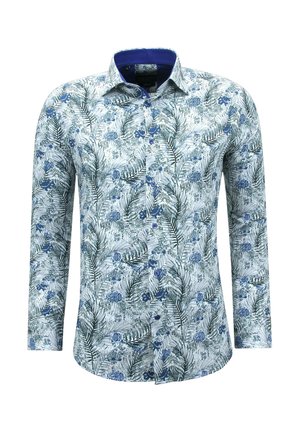 Een shirt met lange mouwen met een bloemen- en bladpatroon in blauw- en groentinten, met een contrasterende blauwe kraag en een knoopsluiting aan de voorkant.