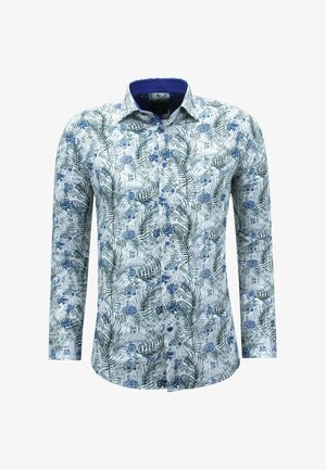 Een shirt met lange mouwen met een bloemen- en bladpatroon in blauw- en groentinten, met een contrasterende blauwe kraag en een knoopsluiting aan de voorkant.