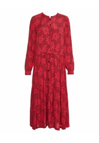 Vestito rosso floreale con chiusura frontale a bottoni e maniche lunghe. Presenta una vita regolabile con un cordino, gonna a balze e bottoni neri. Tessuto morbido e strutturato.