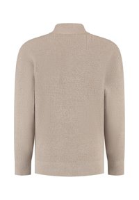 Beige gebreid sweater met ribbelstructuur, lange mouwen en een hoge kraag. De achterkant toont de volledige lengte en het naadloze ontwerp.