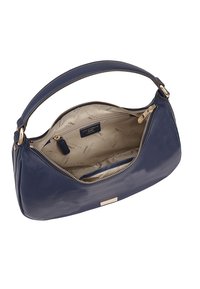 Marineblauwe leren handtas met een gebogen ontwerp, goudkleurige rits en een binnenvoering met een subtiel logopatroon. Enkele handgreep voor het dragen.