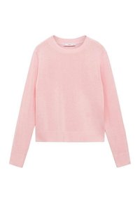 Hellrosa, langärmliger Pullover mit rundem Ausschnitt. Weiche, glatte Textur sowie gerippte Bündchen und Saum. Einfaches Design, ohne Muster oder Verzierungen.