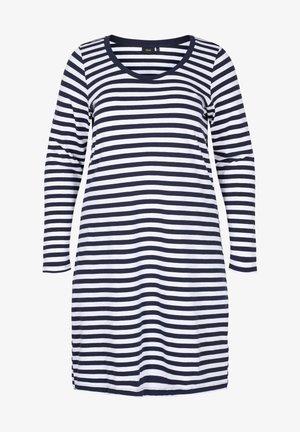 Robe rayée à manches longues, avec un décolleté arrondi. Fabriquée en tissu léger avec des rayures horizontales alternant le bleu marine et le blanc.