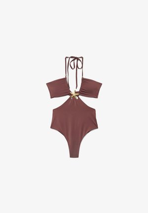 Maillot de bain une pièce marron avec découpes sur les côtés, lien au cou et décoration centrale en forme d'étoile de mer.