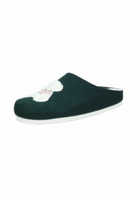 Dark green felt slipper with white sole, featuring a white floral design accented with red details on the upper side.