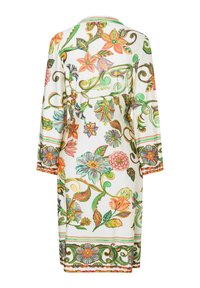 Langes weißes Kleid mit mehrfarbigen Blumen- und Blattmustern, ausgestattet mit grünen und orangefarbenen besetzten Manschetten und Saum, von hinten gezeigt.