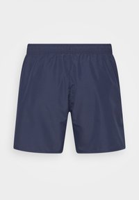 Marineblaue Badeshorts mit elastischem Bündchen, glattem Stoff und ohne sichtbare Muster oder Hardwaredetails.
