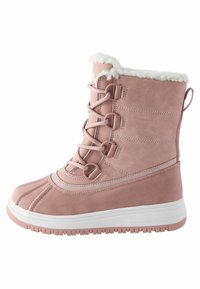 Rosa Schneestiefel mit Kunstfellfutter, Wildleder-Obermaterial, Schnürung, Gummisohle und strukturierten Details an der Zehenpartie und dem Schaft.