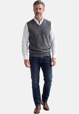 Homme aux cheveux gris et à la barbe portant une chemise blanche à boutons, un pull sans manches gris, un jean bleu et des chaussures en cuir marron, debout sur un fond blanc.