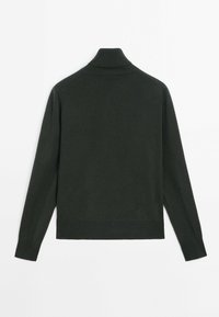 Pull vert foncé avec un col haut, des manches longues, des poignets et un ourlet côtelés, et une texture douce. Design simple et uni sans motifs.