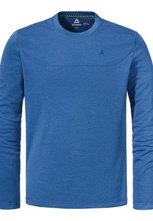 Blaues Langarmhemd aus strukturiertem Stoff. Verfügt über einen runden Ausschnitt, gestickte Akzente auf der Vorderseite und ein Logo auf der Brust.