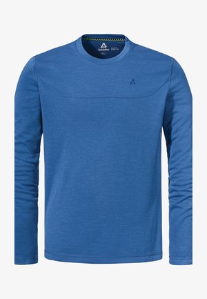 Blaues Langarmhemd aus strukturiertem Stoff. Verfügt über einen runden Ausschnitt, gestickte Akzente auf der Vorderseite und ein Logo auf der Brust.