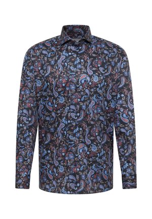 Herren Langarmhemd mit Knopfleiste, dunklem Hintergrund und mehrfarbigem Blumen- und Paisleymuster in Blau, Rot und Beige.