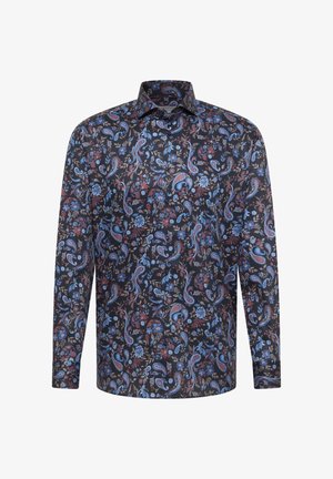 Men’s long-sleeve button-up shirt with dark background and multicolored blue, red, and beige floral and paisley pattern.
