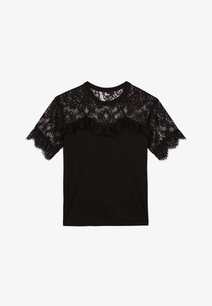 Sort t-shirt med korte ærmer og intrikate sorte blonder samt bølgede detaljer over skuldrene og halsudskæringen. Blød bomuldsblanding.