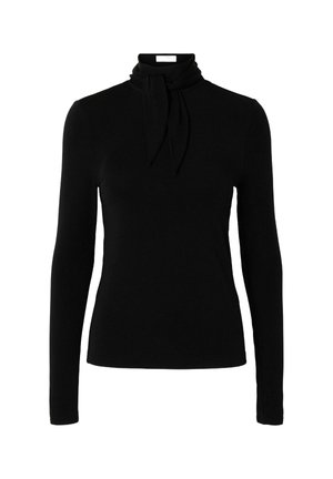 Czarna, długorękawowa bluzka z golfem i przypiętym detalem w postaci wstążki przy szyi, wykonana z gładkiego, elastycznego materiału. Dopasowany fason bez wzorów.