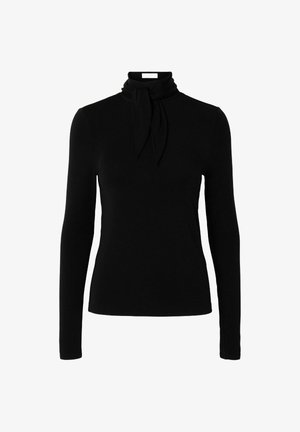 Črna dolgo rokav turtleneck majica z pripetim detajlom kravate okrog vratu, izdelana iz gladkega, raztegljivega materiala. Prilegajoča silhueta brez vzorcev.