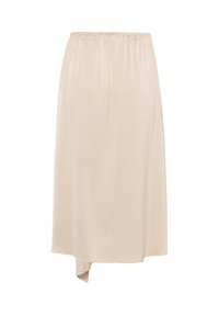 Jupe midi beige avec taille élastique et détail d'ourlet asymétrique sur le côté gauche, en tissu lisse et léger.