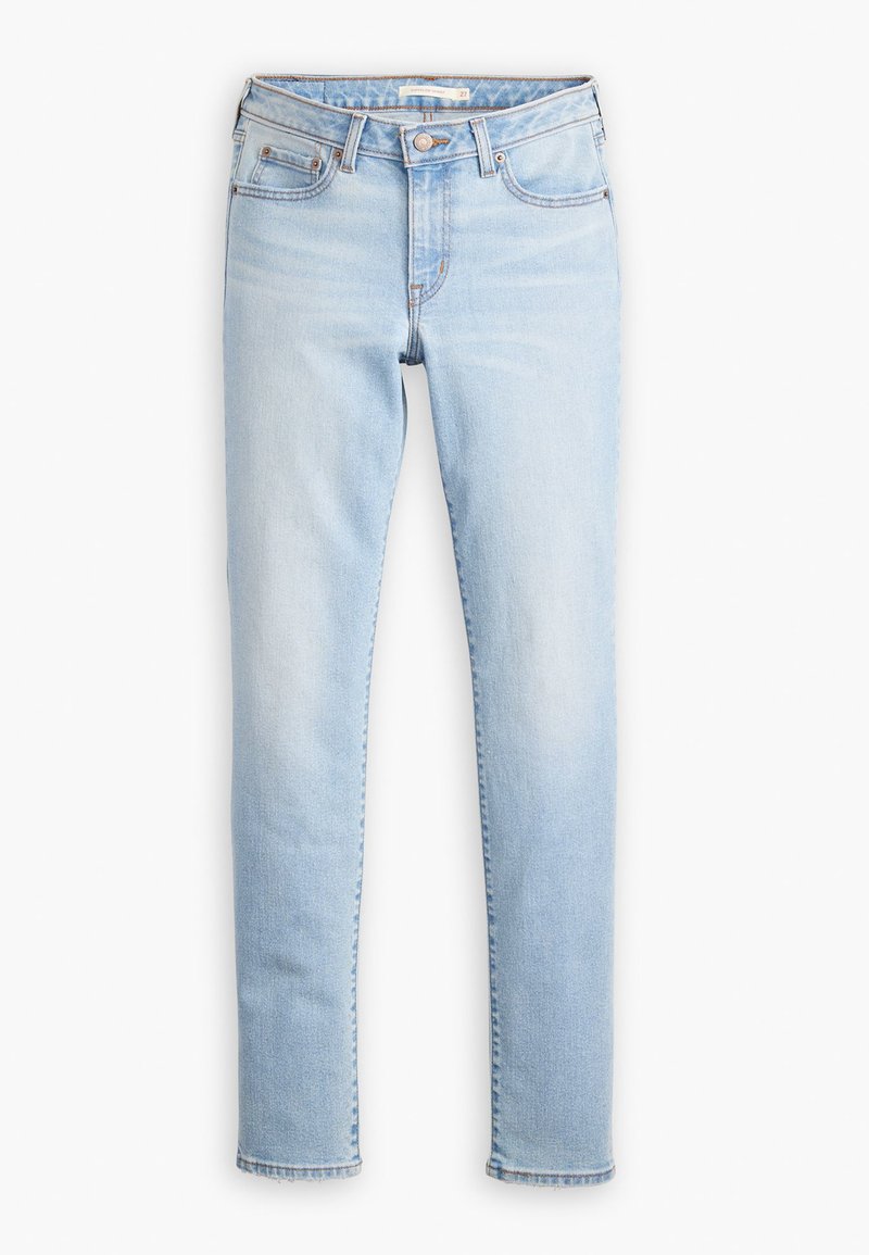 Jeans en denim bleu clair avec une coupe slim, taille mi-haute, design à cinq poches et dégradés subtils le long des jambes. Fermeture classique à bouton et à glissière.