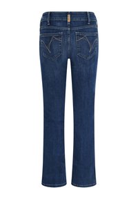 Jeans de mezclilla azul oscuro con un diseño de pierna recta, que presentan costuras doradas contrastantes en los bolsillos traseros y una cintura estándar.