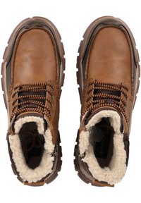 Brown leather boots with a textured finish, featuring black and orange braided laces, fleece lining, and sturdy rubber soles.