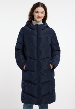 Navyblauer Steppmantel mit Kapuze, ausgestattet mit einem durchgehenden Reißverschluss und seitlichen Taschen, mit einem gesteppten Muster und einer lässigen Passform. Weiche, glatte Textur.