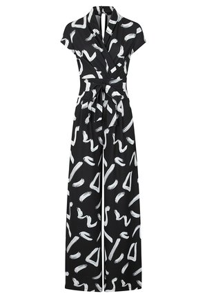 Zwarte jumpsuit met een wikkelontwerp, korte mouwen, witte abstracte penseelstreken en een strikceintuur in de taille. Wijde pijpen.