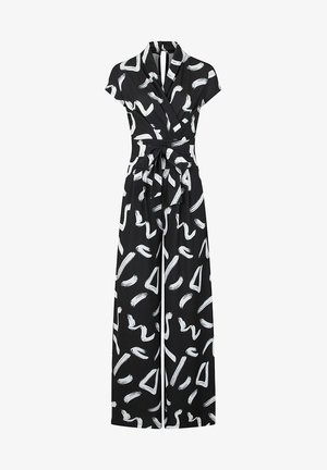 Zwarte jumpsuit met een wikkelontwerp, korte mouwen, witte abstracte penseelstreken en een strikceintuur in de taille. Wijde pijpen.