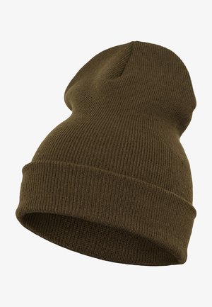 Pruun, soonikuga kudumüts, millel on volditud äär. Valmistatud pehmest kangast, veidi langetatud kujundus, sobib igapäevaseks kandmiseks.